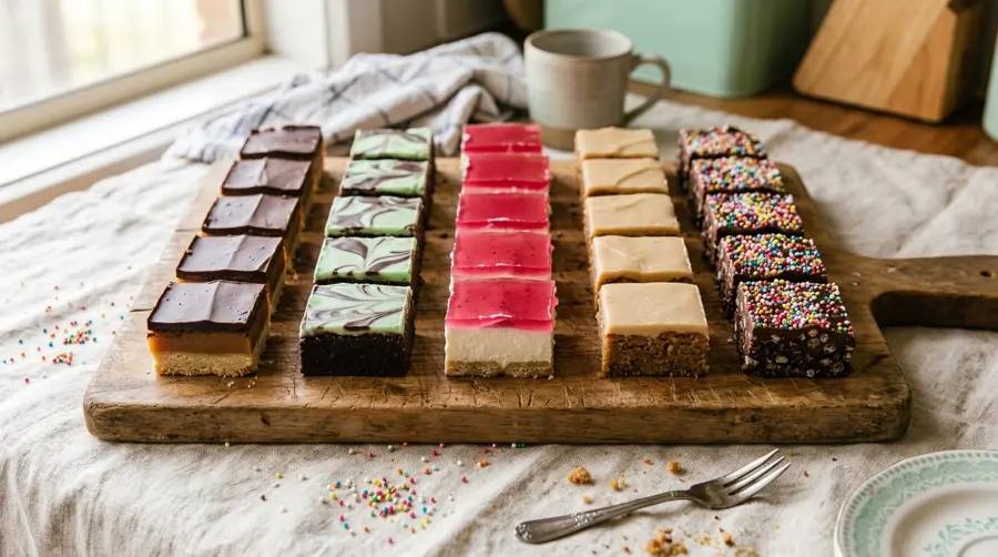 Five kinds of homemade slice cut into squares and lined up on a wooden board
