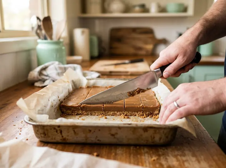 A tray of set slice being cut into even squares on a home kitchen bench