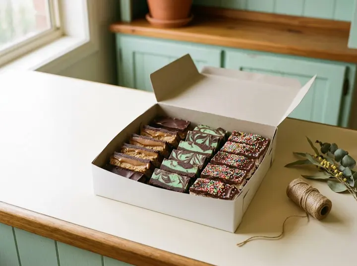 A white bakery box on a kitchen bench, packed with rows of assorted homemade slices